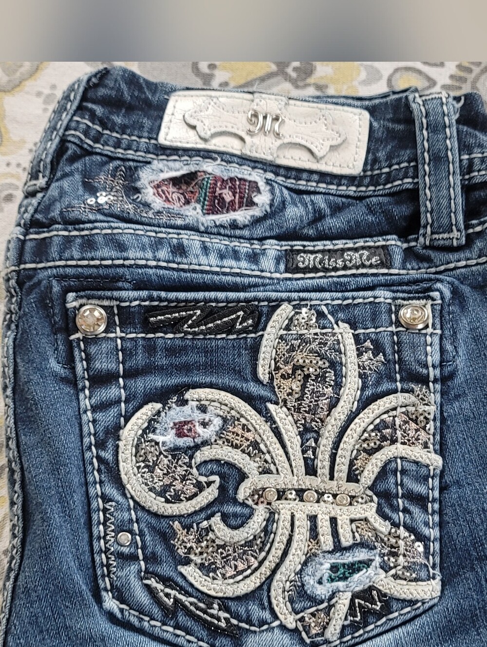 Miss Me Girls Bootcut Jeans Size 14 Fleur De Lis Aztec Inlay Patchwork Bling